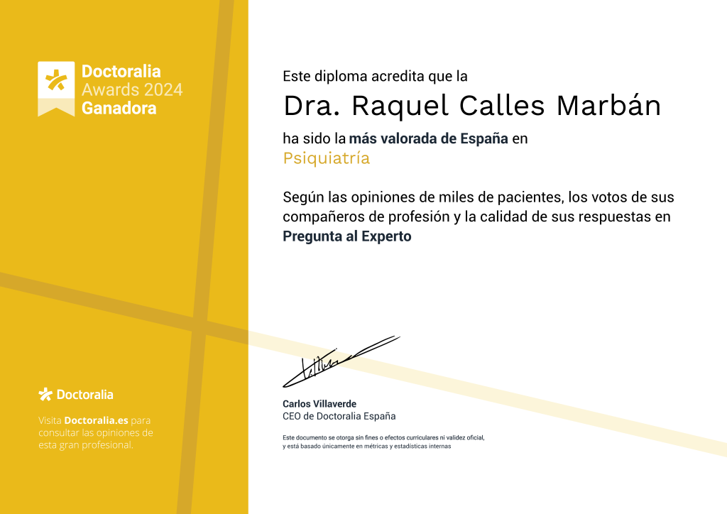 Doctoralia Awards 2024 Ganadora más Valorada en España en Psiquiatría